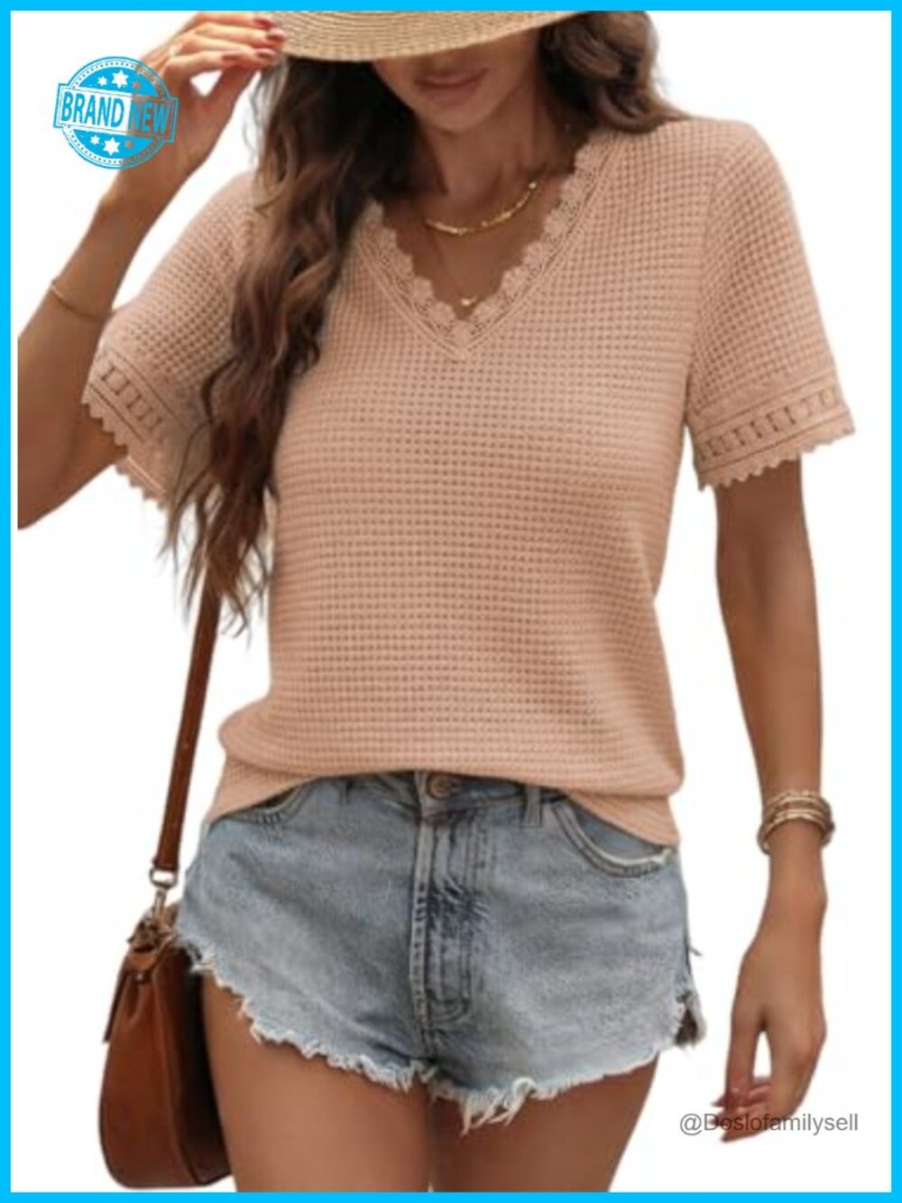 Waffle Knit V-Neck Short Sleeve Lace Patchwork Loose Tunic Top
